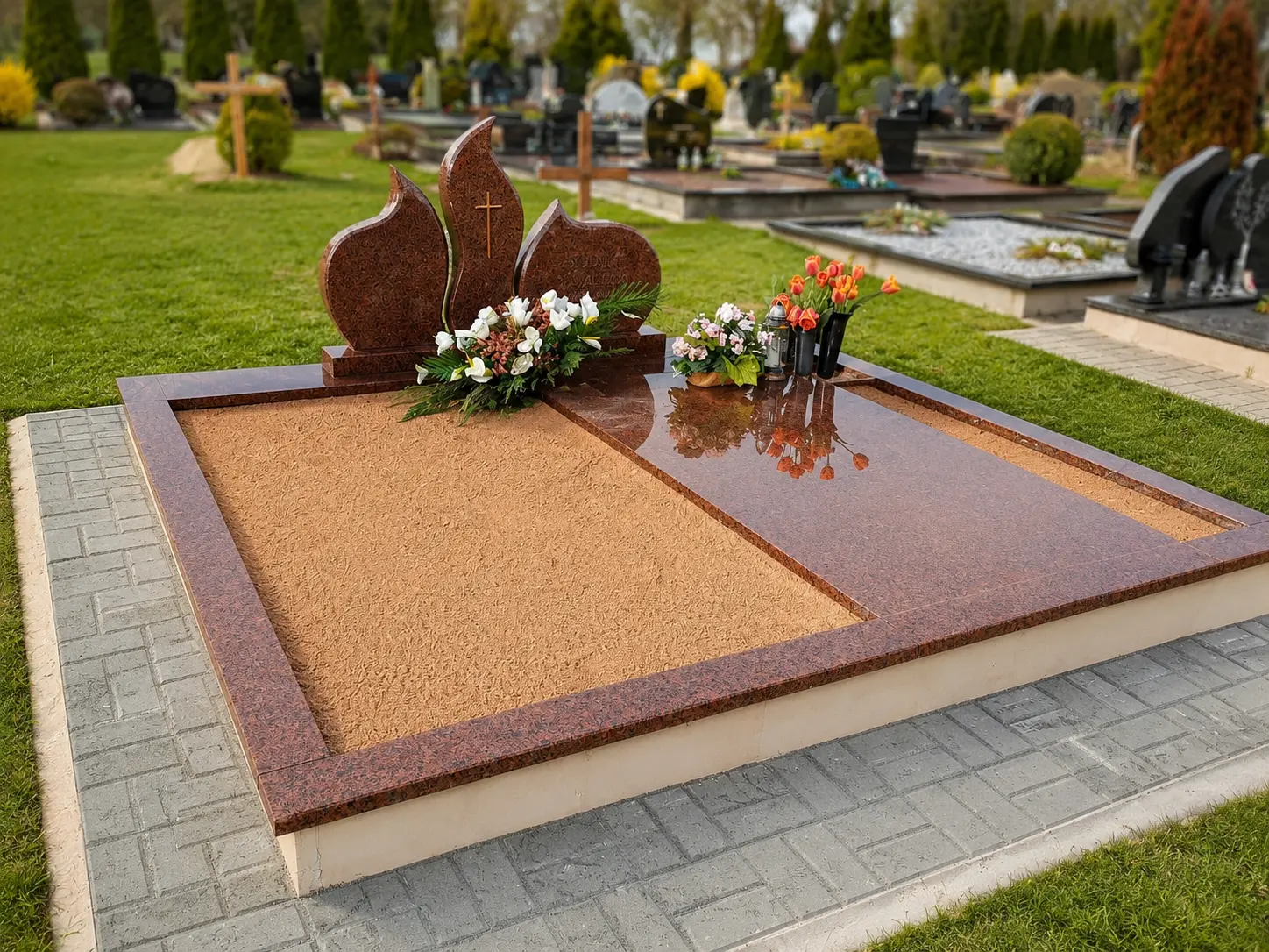 Grób z pomnikami z brązowego granitu, granitową ramą i piaskowym wypełnieniem